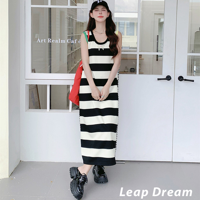 LEAPDREAM 条纹拼接长款背心裙女宽松慵懒感长裙