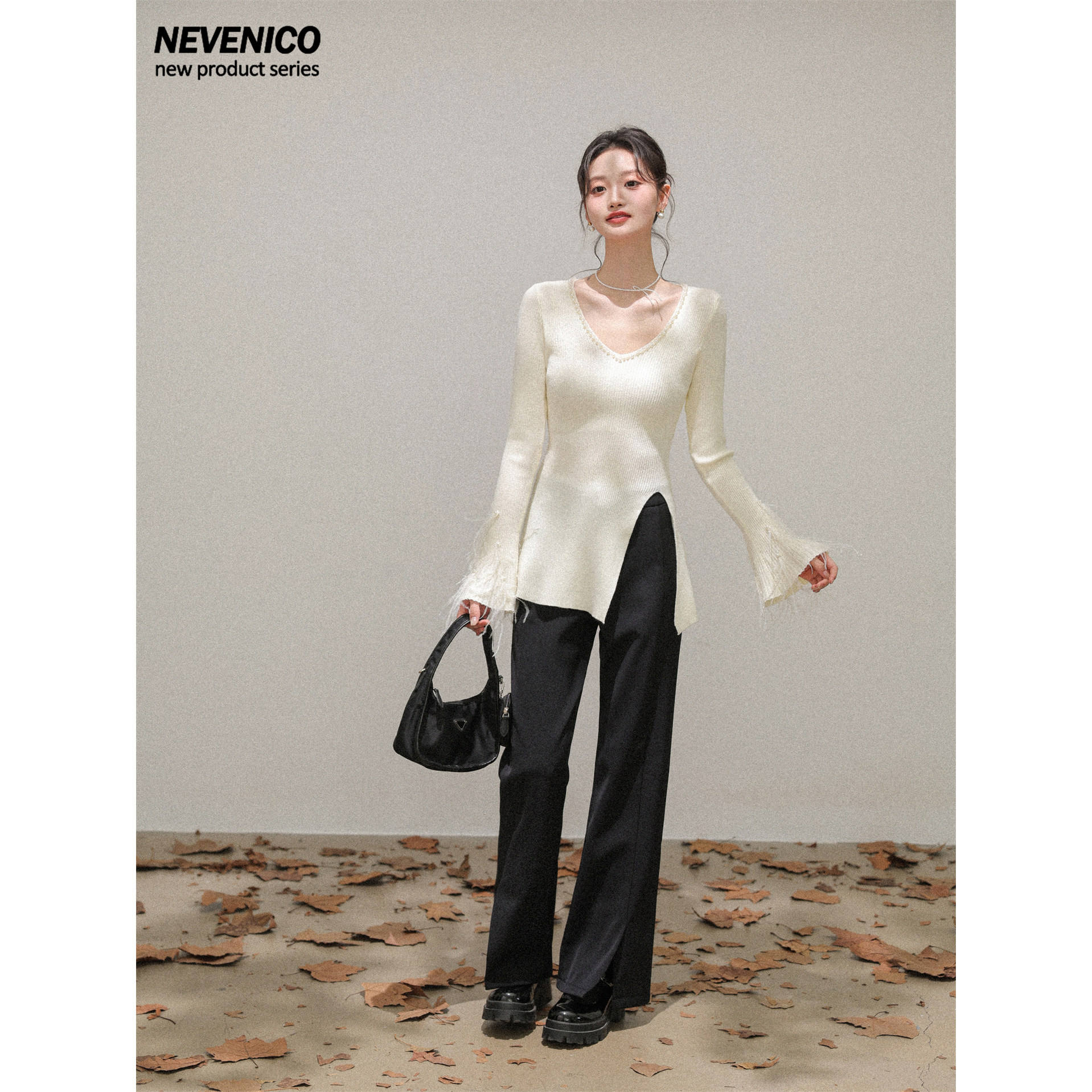 NEVENICO 加绒微喇开衩西装休闲裤女经典百搭休闲风长裤