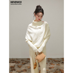 NEVENICO 彩扣麻花高领斗篷毛衣女设计感收腰下摆上衣