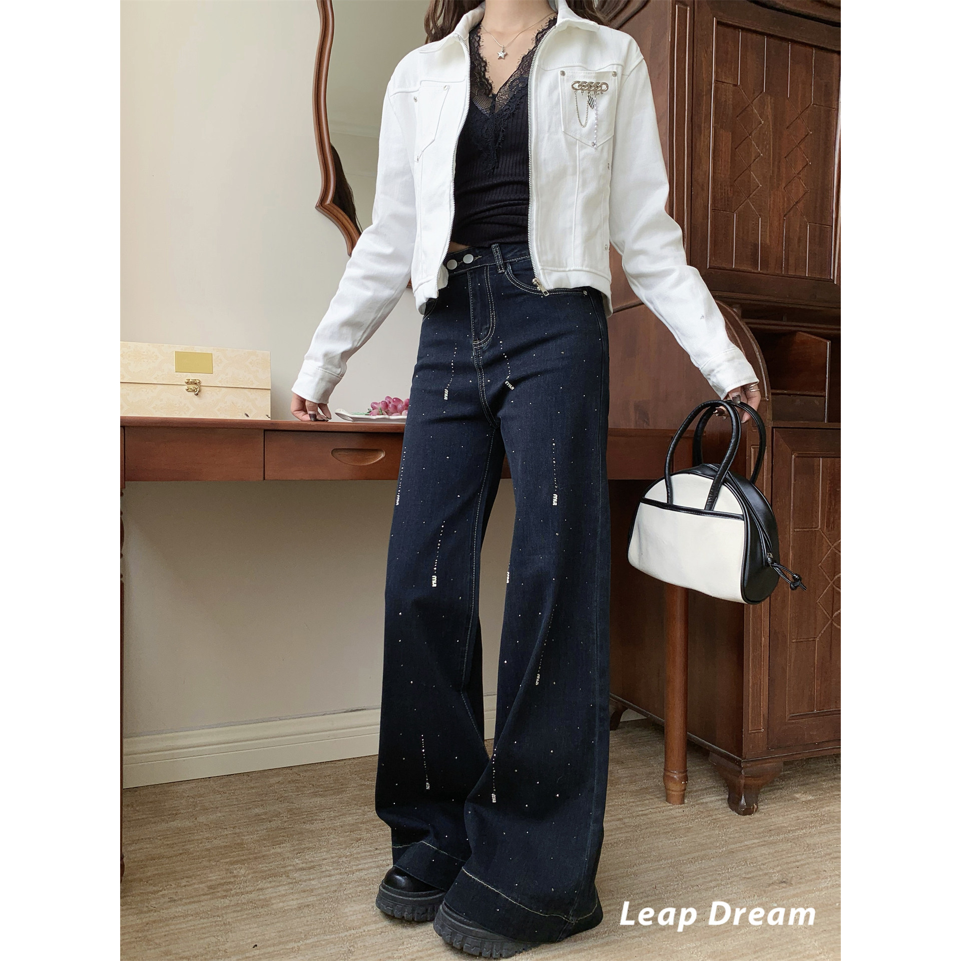 LEAPDREAM 美式复古铆钉夹克外套女翻领拉链款白色外套