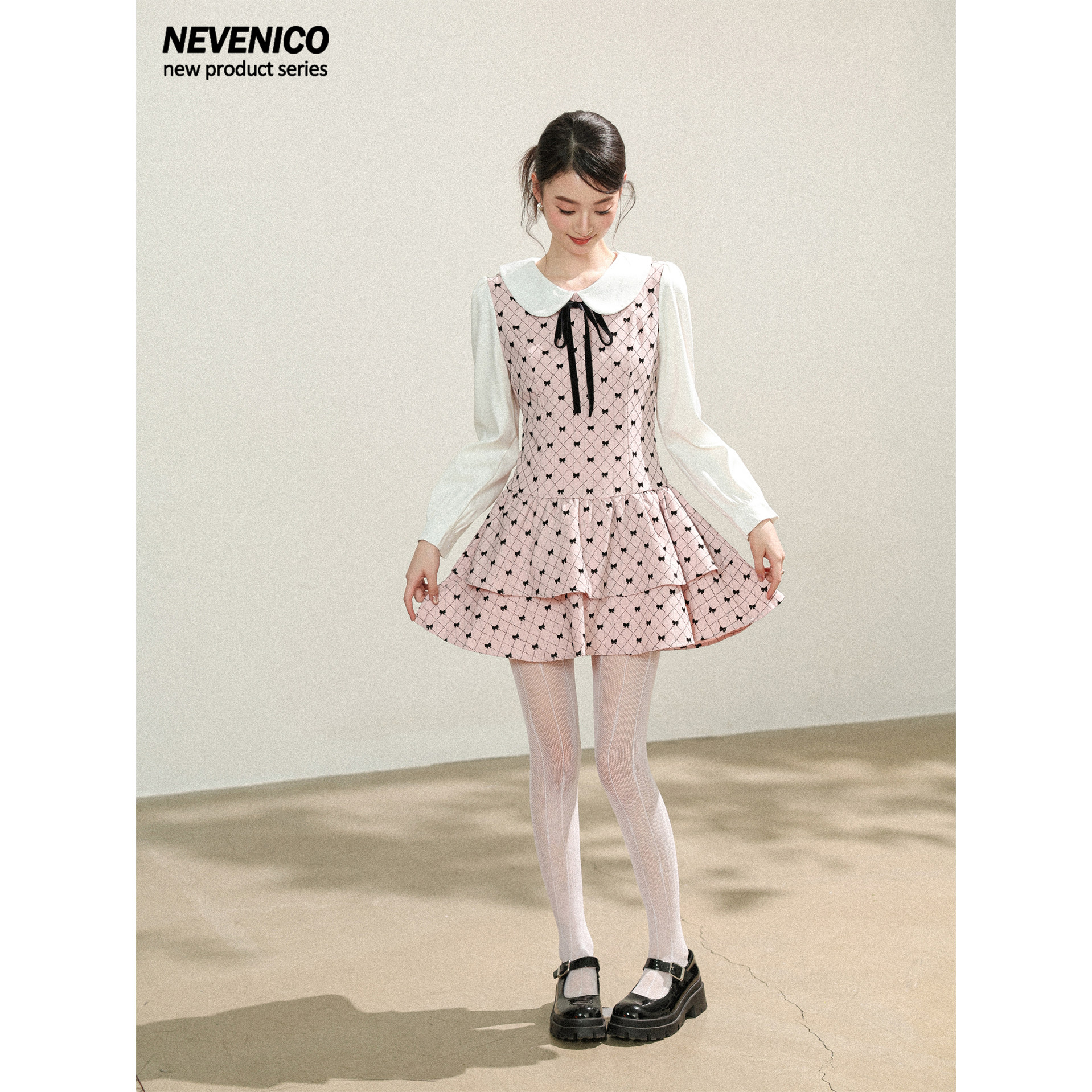 NEVENICO 千金风收腰蓬蓬连衣裙时尚减龄娃娃领短裙