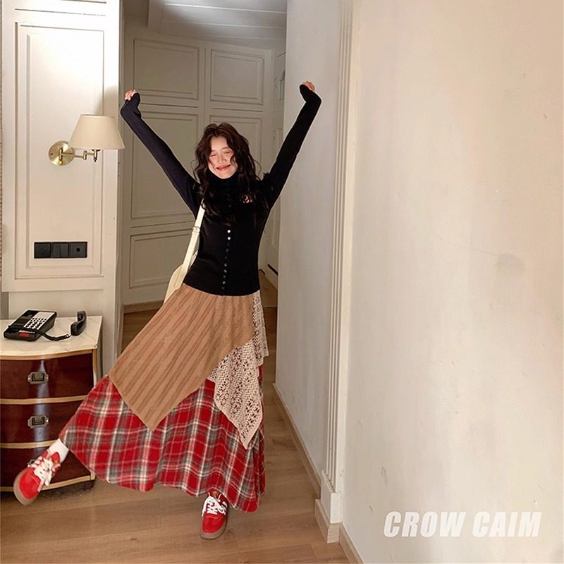 CROW CAIM 不规则拼接格纹毛呢半身裙女秋冬百搭设计感长裙
