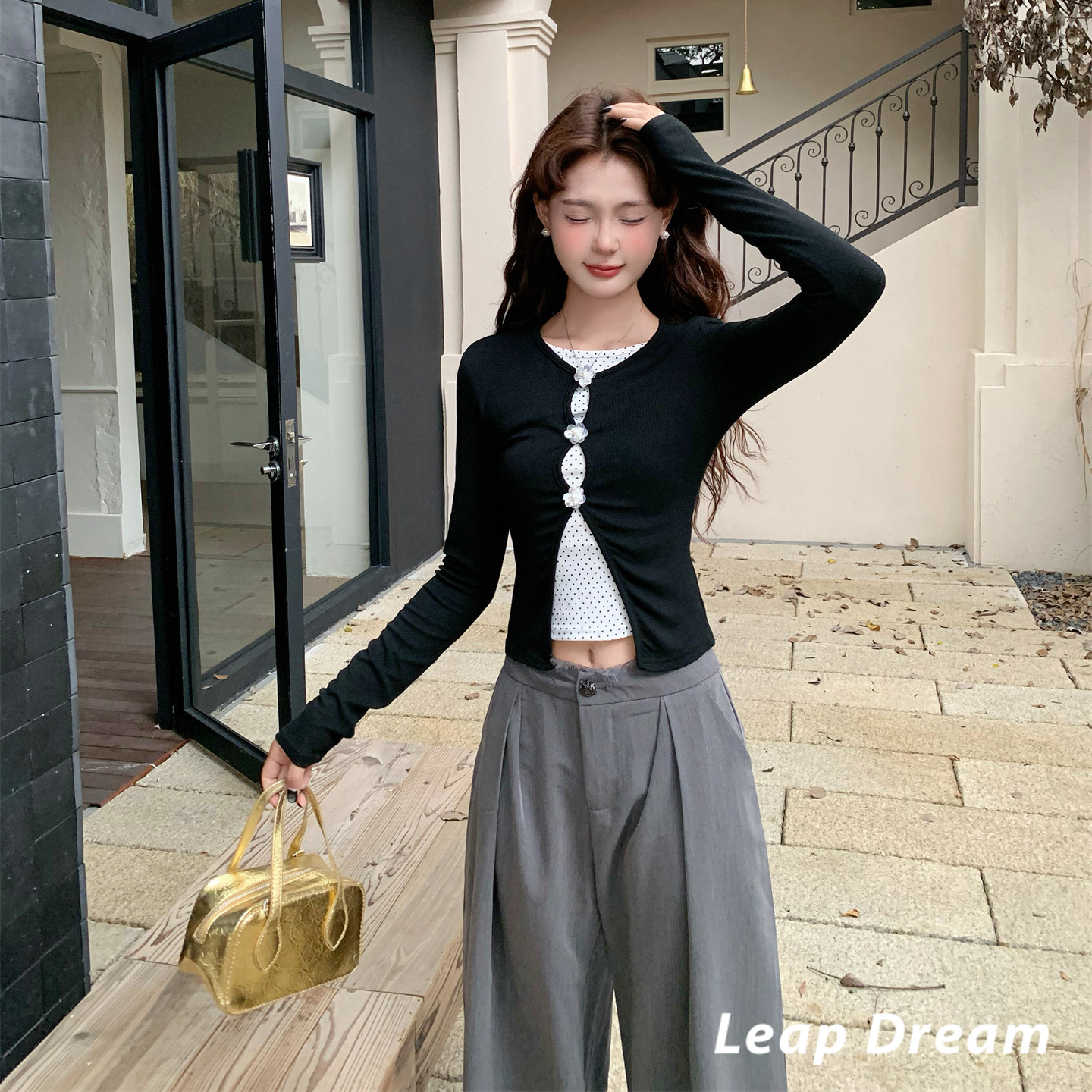 LEAPDREAM 波点镂空假两件上衣女小众修身设计感长袖