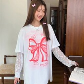 喷绘蝴蝶结蕾丝拼接假两件长袖 CROW CAIM 女宽松百搭设计感上衣