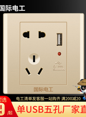 USB插座面板86型墙壁家用智能1A手机5V充电五孔单USB插座