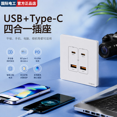 国际电工86型USB+Type-C快充插座