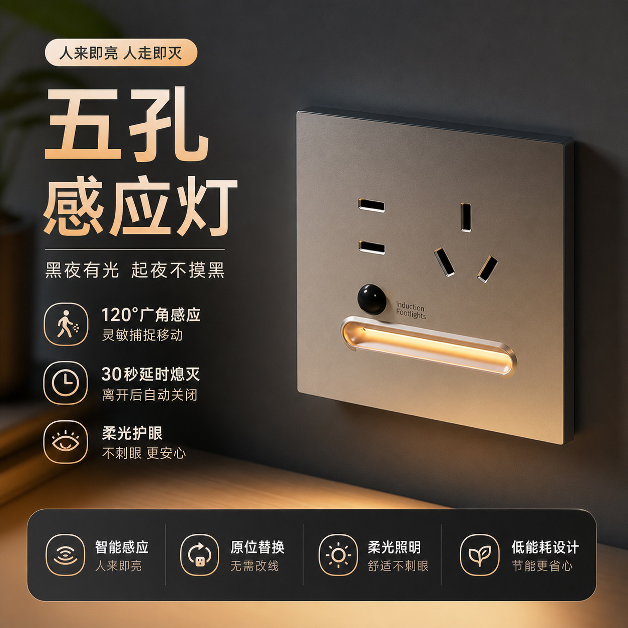 led小夜灯五孔插座带人体感应地脚灯86型嵌入式暗装楼梯过道床头