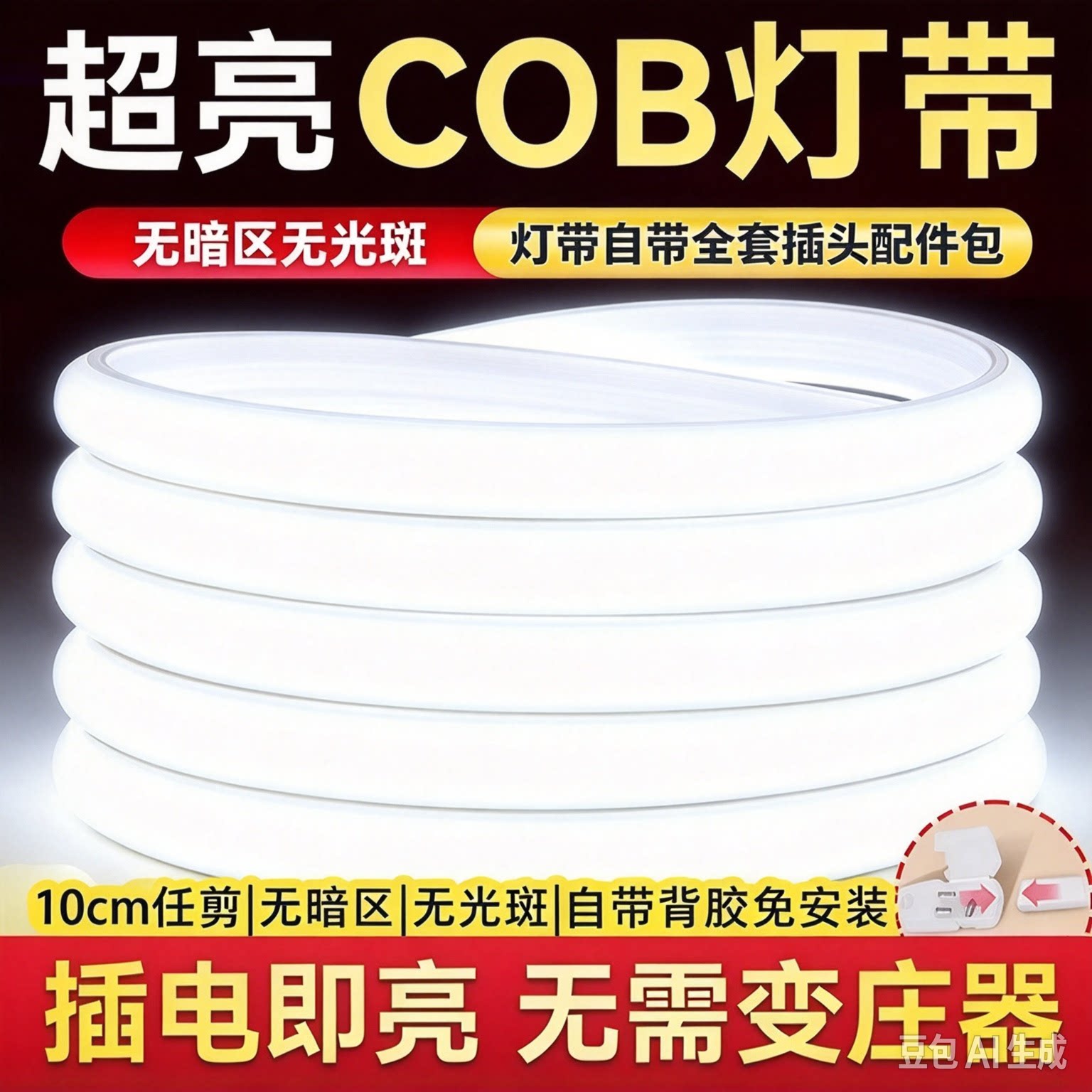 220V超亮COB软灯条户外防水自粘