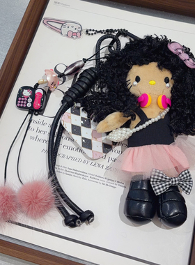 黑色泰迪卷毛爆炸头KT甜酷挂件手工编织时尚包饰品少女百搭钥匙扣