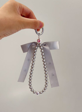 高级感ins风银灰色蝴蝶结水钻手机链玻璃珍珠包包钥匙扣饰品挂件