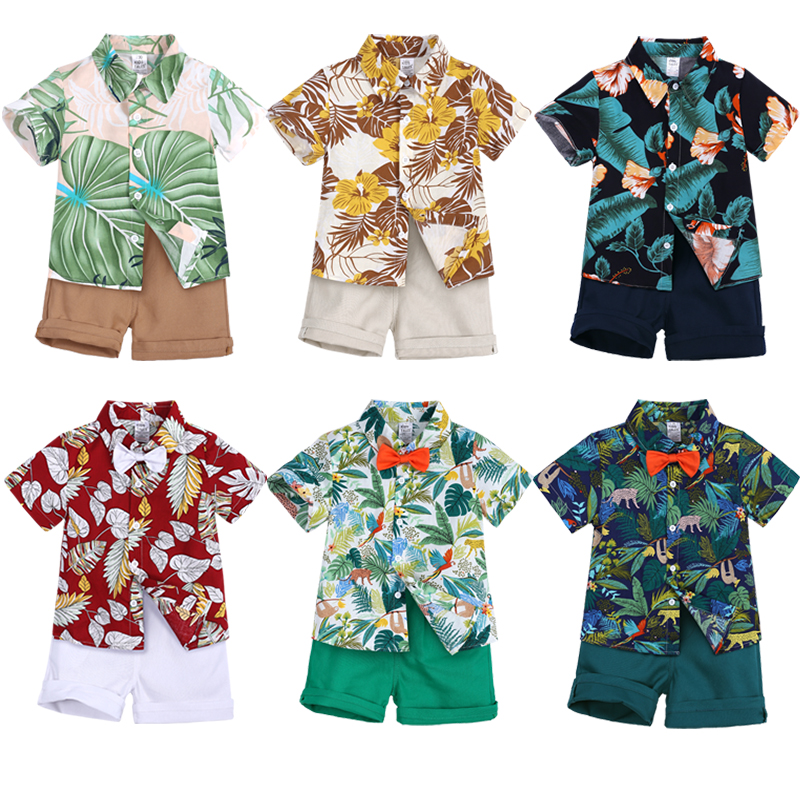 欧美男童夏季套装2025新款中小童沙滩短袖花衬衫短裤夏装男孩洋气