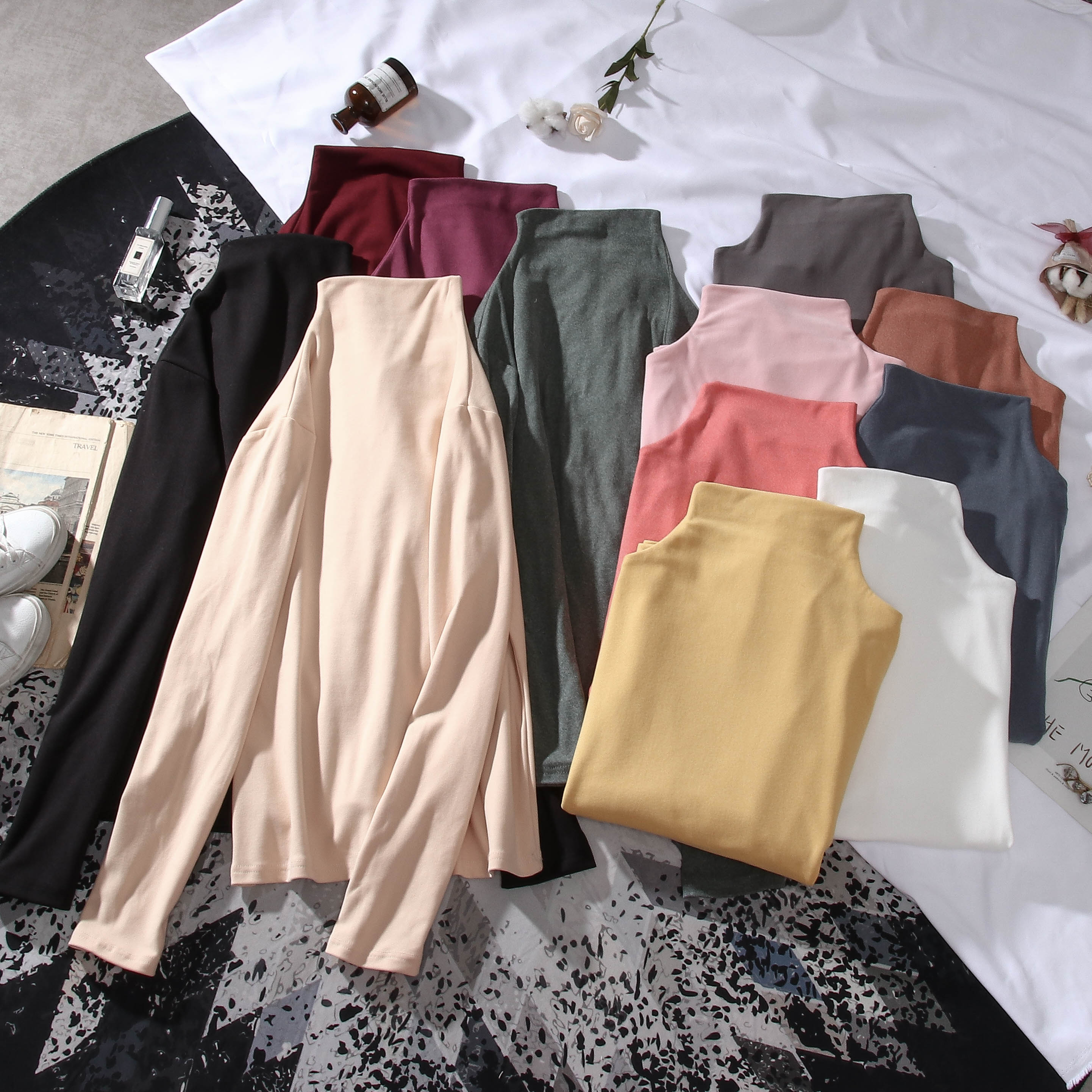 Real shot of self heating cationic de velvet half high collar solid color warm bottoming shirt for women