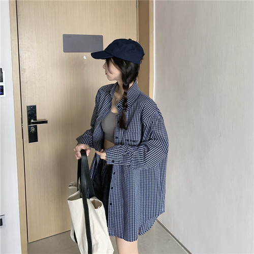 Real shooting spring and summer thin loose Plaid Shirt women's new shirt coat women's long sleeve top