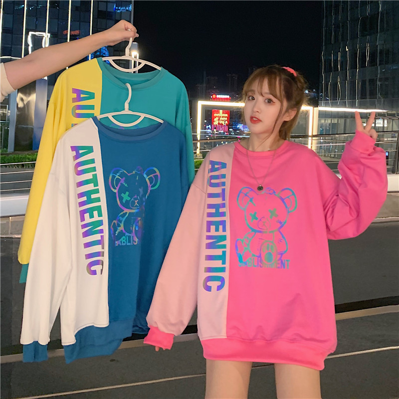 Korean version of autumn and winter new reflective splicing loose cartoon letter crew neck sweater women's Pullover coat