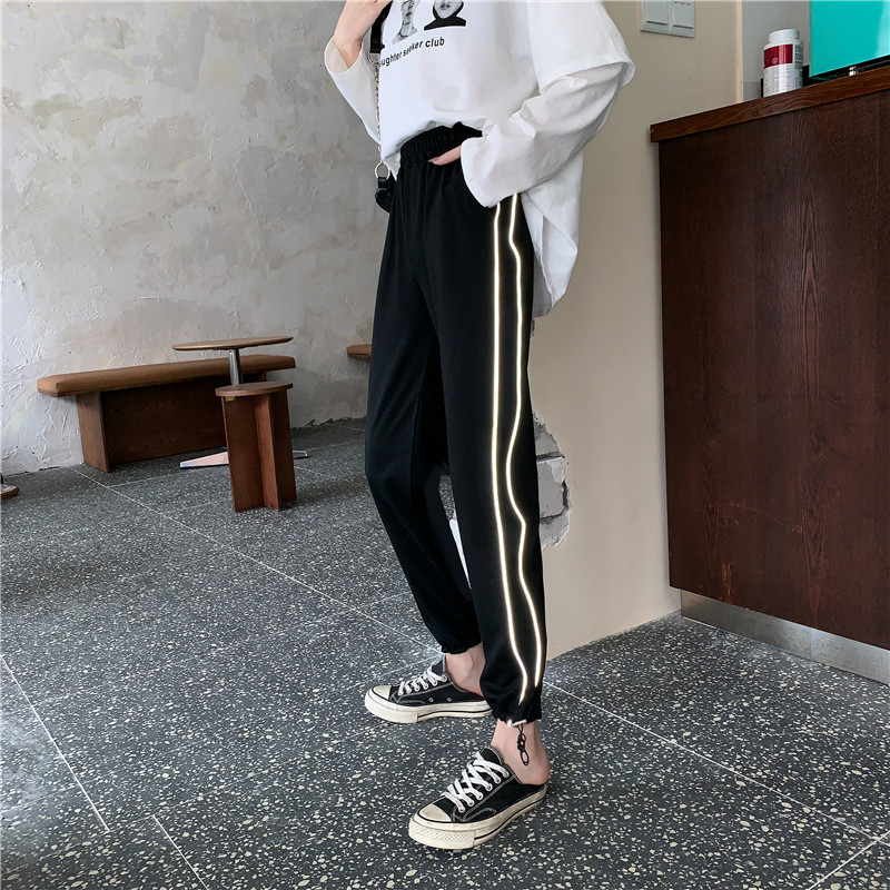 Shooting autumn high waisted SLIM STRAIGHT casual sports pants women's loose wide leg reflective salt pants trend