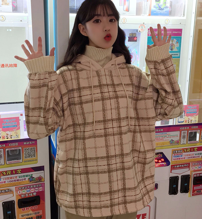 Real-time wool collar lattice stitching false two high collar thicker pullover, women's bathroom cap, autumn and winter harbor wind