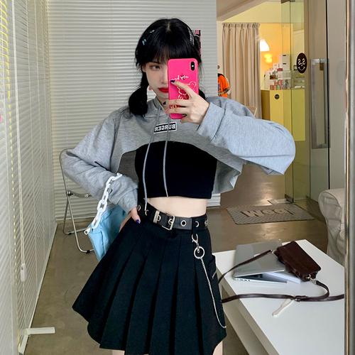 Real shot of thin ultra-short hooded sweatshirt for women high-waisted loose navel-baring hip-hop versatile long-sleeved top