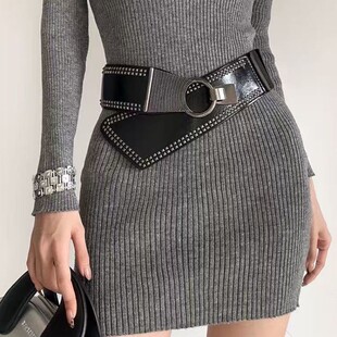 朋克风辣妹铆钉宽腰封女欧美高级感配裙子腰带百搭圆扣斜跨皮带潮