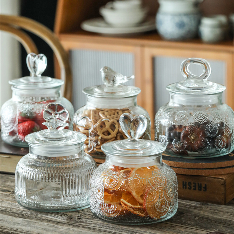 复古雕花海棠花纹玻璃密封罐储物罐厨房家用干果糖果零食茶叶储存