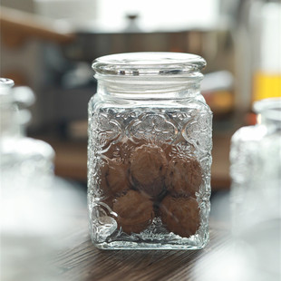 厨房收纳罐五谷杂粮方形700毫升复古雕花美式 大口玻璃储物罐零食