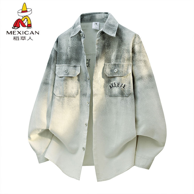 稻草人渐变色纯棉长袖衬衫男潮牌休闲帅气衬衣2026春季青少年外套