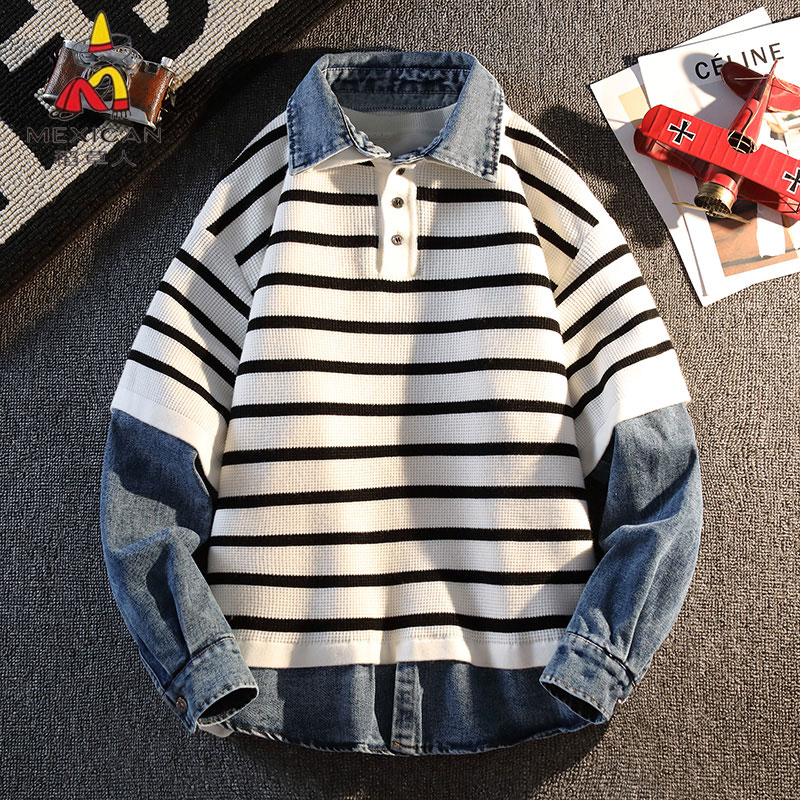 稻草人高端假两件衬衫领针织衫男士秋冬季条纹拼接设计感潮流毛衣