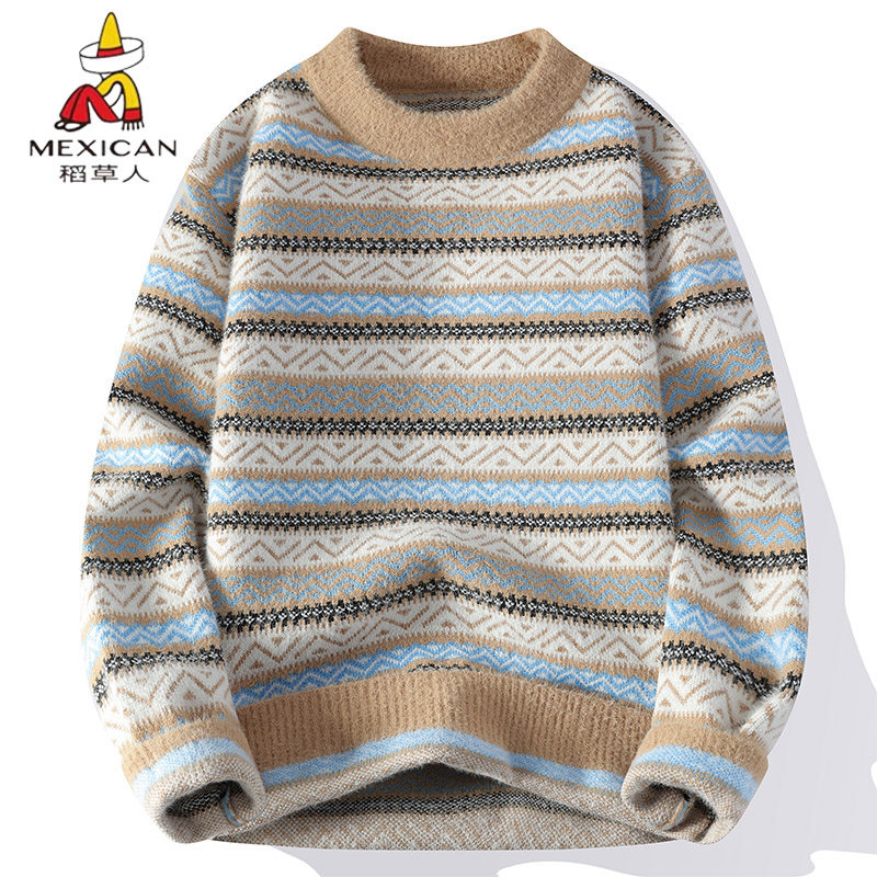 稻草人2025宽松男个性宽松休闲色彩条纹小众圆领秋冬季毛衣针织衫,男装,针织衫/毛衣,淘宝优惠券,粉丝福利购,淘宝优惠卷
