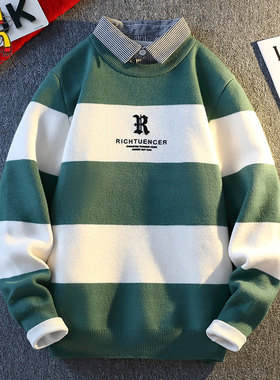 稻草人字母学院风假两件衬衫领条纹毛衣男绿色休闲针织衫套头上衣