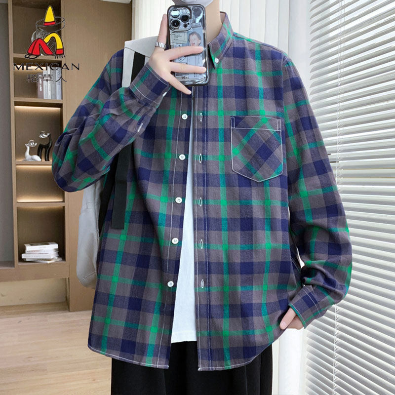 稻草人港式风格子衬衫男春秋长袖撞色纯棉衬衣青少年潮男百搭外套