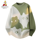 新款 男款 复古圆领潮猫头休闲韩版 稻草人2025秋冬季 加厚毛衣针织衫