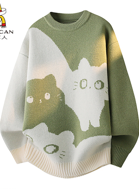 稻草人2025秋冬季新款男款复古圆领潮猫头休闲韩版加厚毛衣针织衫