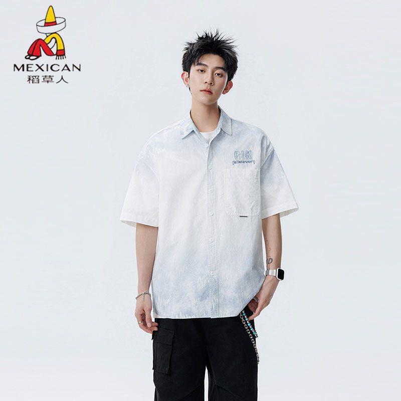 稻草人短袖衬衫男渐变印花扎染青少年2026夏季100%纯棉半袖衣服潮