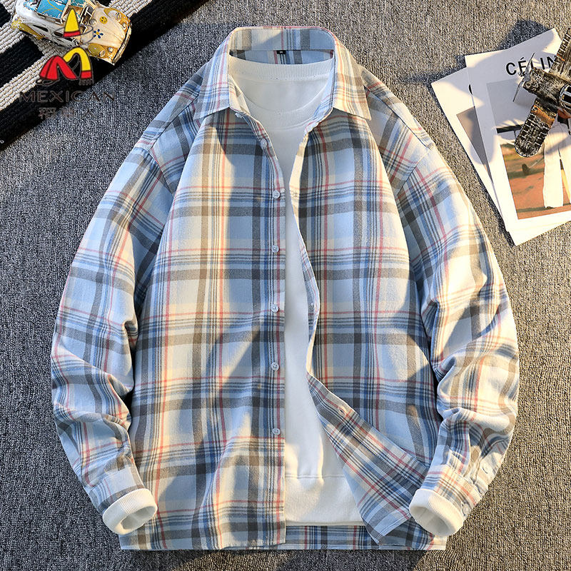 稻草人青少年春秋季纯棉格子长袖衬衫男休闲宽松百搭日式复古外套