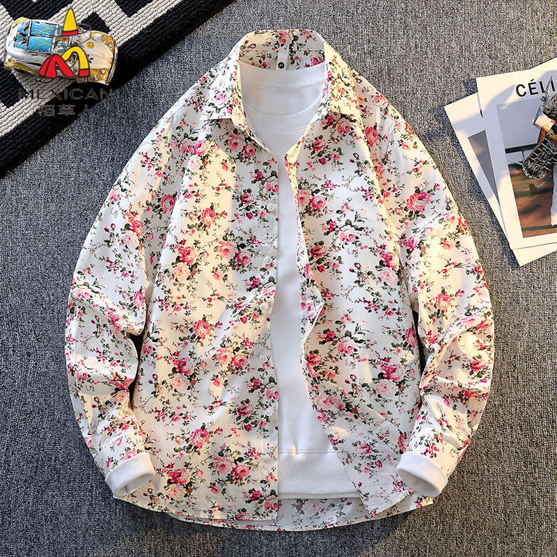稻草人度假风碎花印花长袖衬衫男宽松休闲翻领纯棉衬衣青少年外套