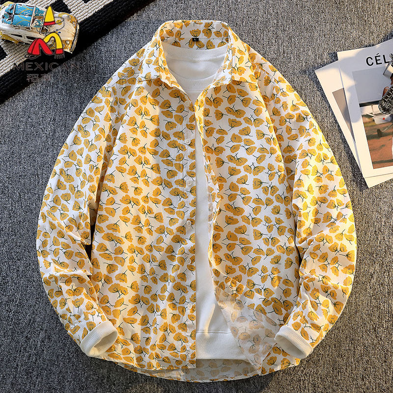 稻草人2026春秋季纯棉男长袖衬衫时尚潮流印花休闲碎花衬衣男外套