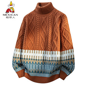 稻草人2025新款潮复古高领毛衣男麻花编织几何图案保暖宽松针织衫