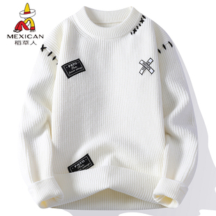 稻草人2025秋冬季新款男款宽松圆领潮字母休闲韩版加厚毛衣针织衫