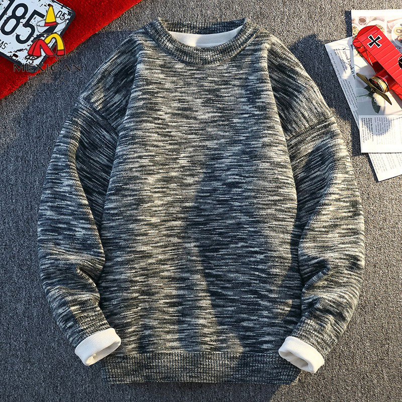 稻草人复古设计感混色圆领毛衣