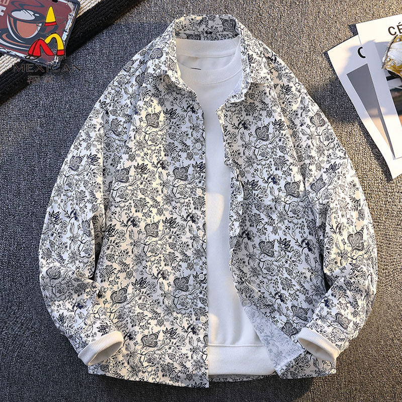 稻草人春秋款衬衫纯棉碎花印花长袖衬衫男生潮流宽松翻领休闲上衣