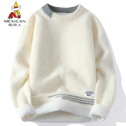 稻草人毛衣慵懒风入冬高级感穿搭男加绒加厚软糯圆领内搭针织衫男