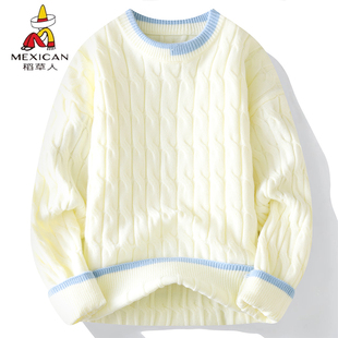 稻草人2025年潮流圆领男慵懒风休闲扭花加厚假两件毛衣针织衫帅气