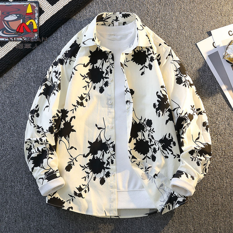 稻草人纯棉衬衫男长袖2026新款印花长袖上衣港风花衬衫高级感痞帅