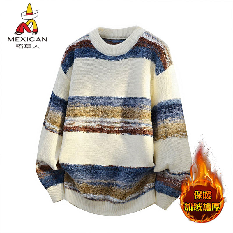 稻草人条纹撞色毛衣男加绒加厚圆领宽松休闲软糯针织衫保暖上衣潮