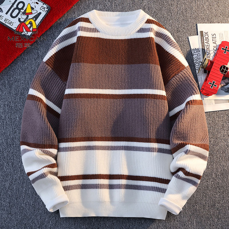 稻草人慵懒风条纹撞色毛衣男宽松加厚保暖针织衫休闲百搭毛线衣潮