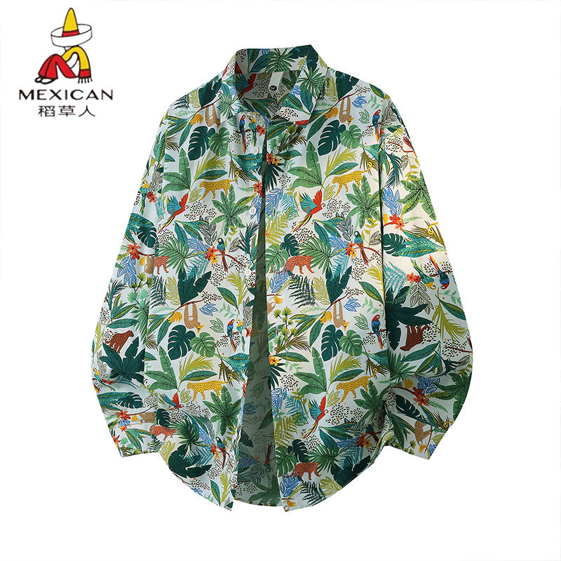 稻草人纯棉小碎花衬衣男春秋季长袖潮牌花纹衬衫休闲外套印花上衣