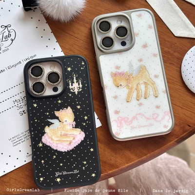 碎花小鹿天使亚克力银黑边磁吸适用苹果iPhone16promax手机壳1312pro小米1415Pro华为mate60p70三星S23防摔