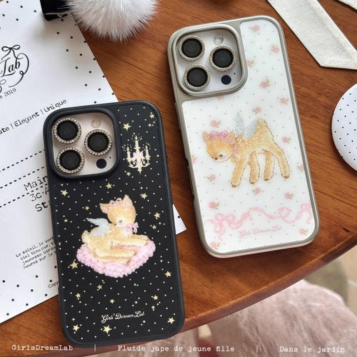 碎花小鹿天使亚克力银黑边磁吸适用苹果iPhone16promax手机壳1312pro小米1415Pro华为mate60p70三星S23防摔