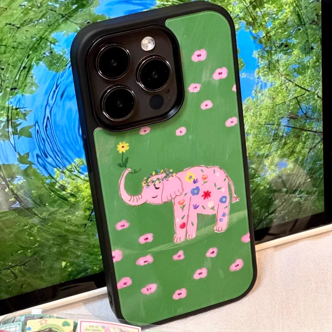 原创个性粉色大象ins亚克力黑边适用苹果iPhone16promax手机壳15pro小米14Pro保护套华为mate防摔三星S23荣耀