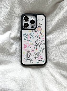 原创个性ns风个性涂鸦绘画亚克力黑边亮面磨砂适用苹果16promax手机壳iPhone15lus14Pro13保护套12防摔ins