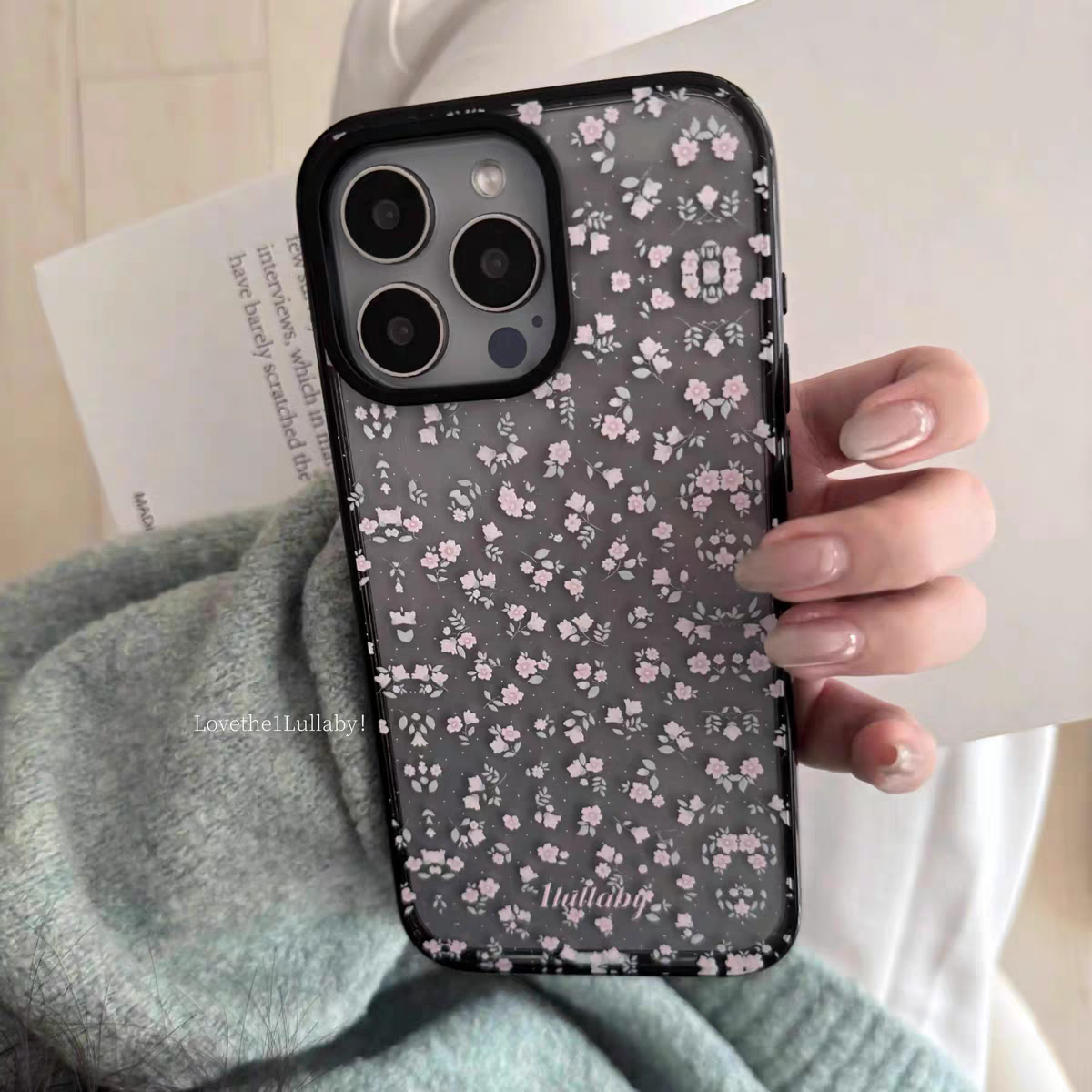 个性夜色晚樱碎花ins风黑边亚克力手机壳适用于iPhone16promax手机壳苹果15tpu14简约1312新款透明防摔手机壳